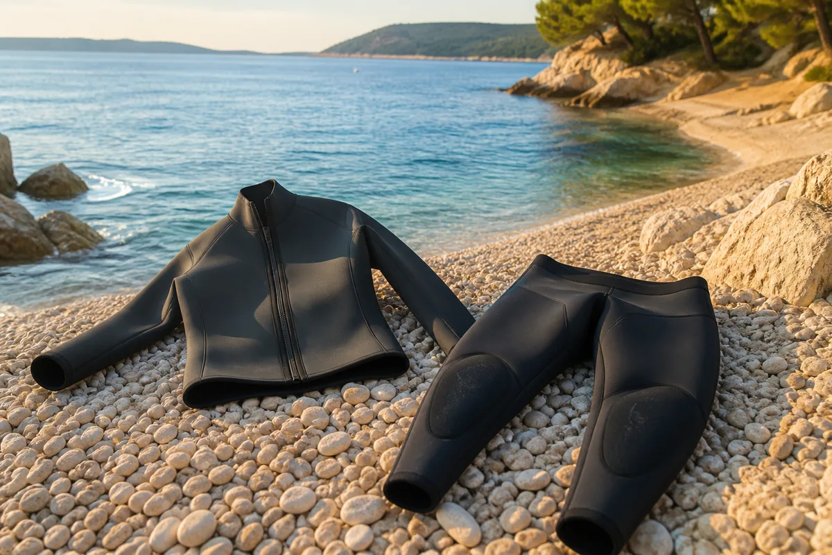 Combinaison d&rsquo;apnée deux-pièces posée à plat sur une plage de galets