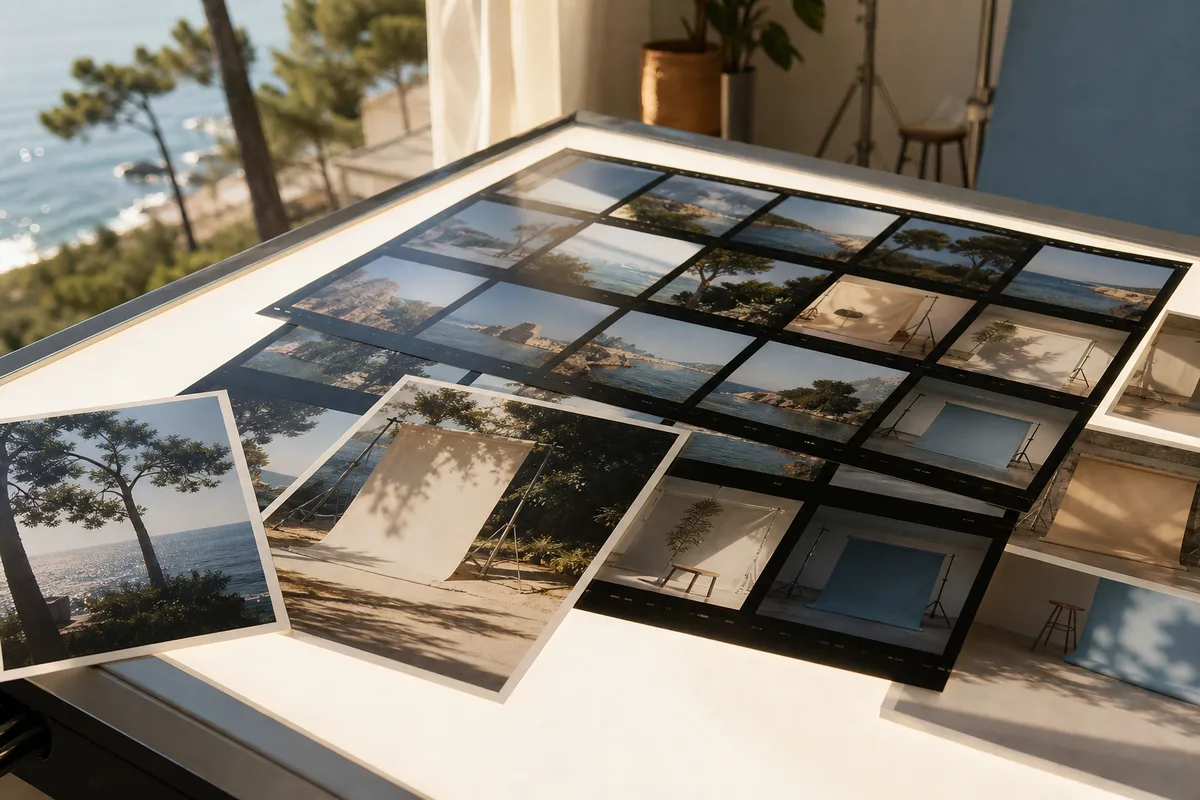 Planche contact de plusieurs images d’un même reportage posée sur une table lumineuse