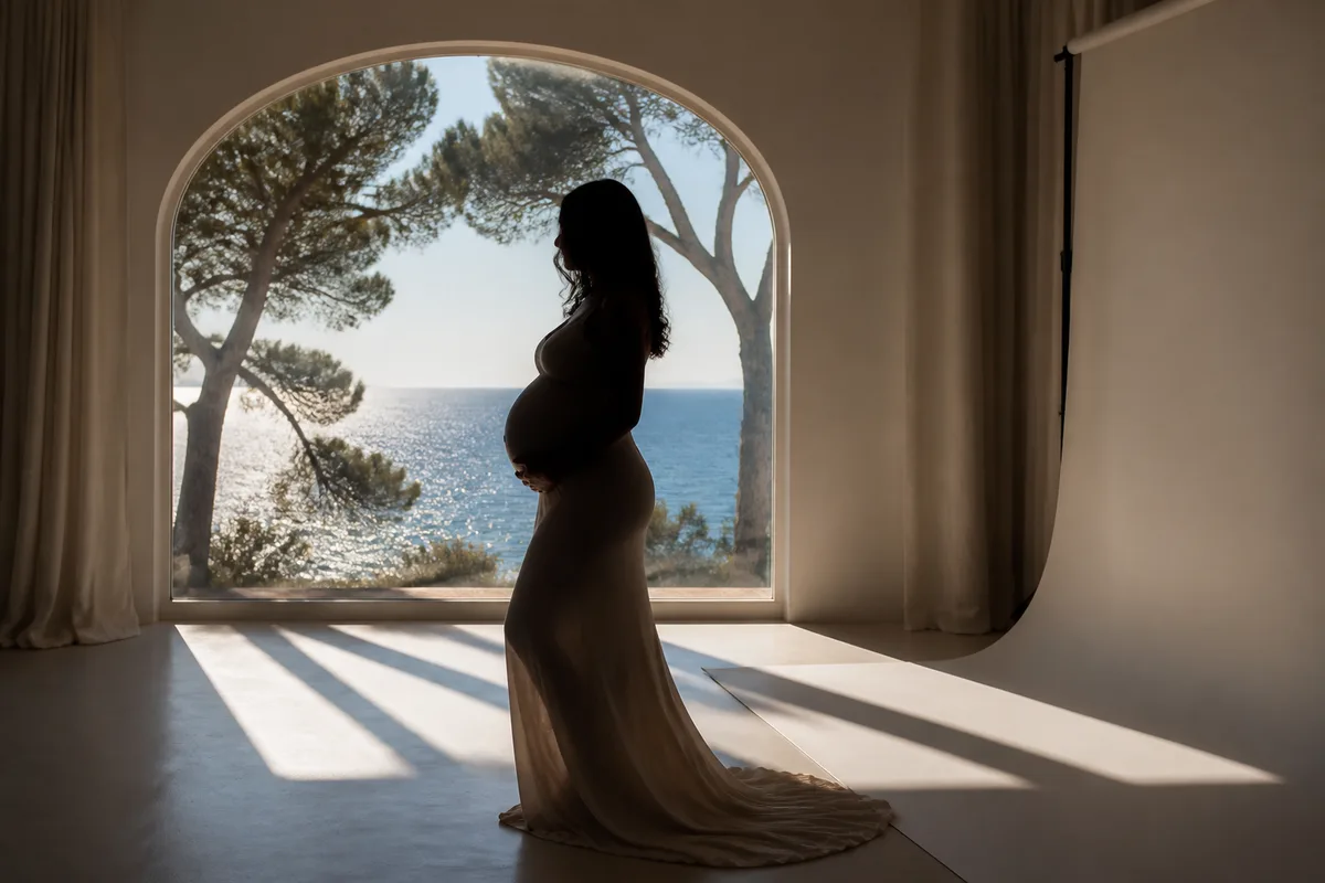 Silhouette de femme enceinte se détachant en contre-jour devant une fenêtre