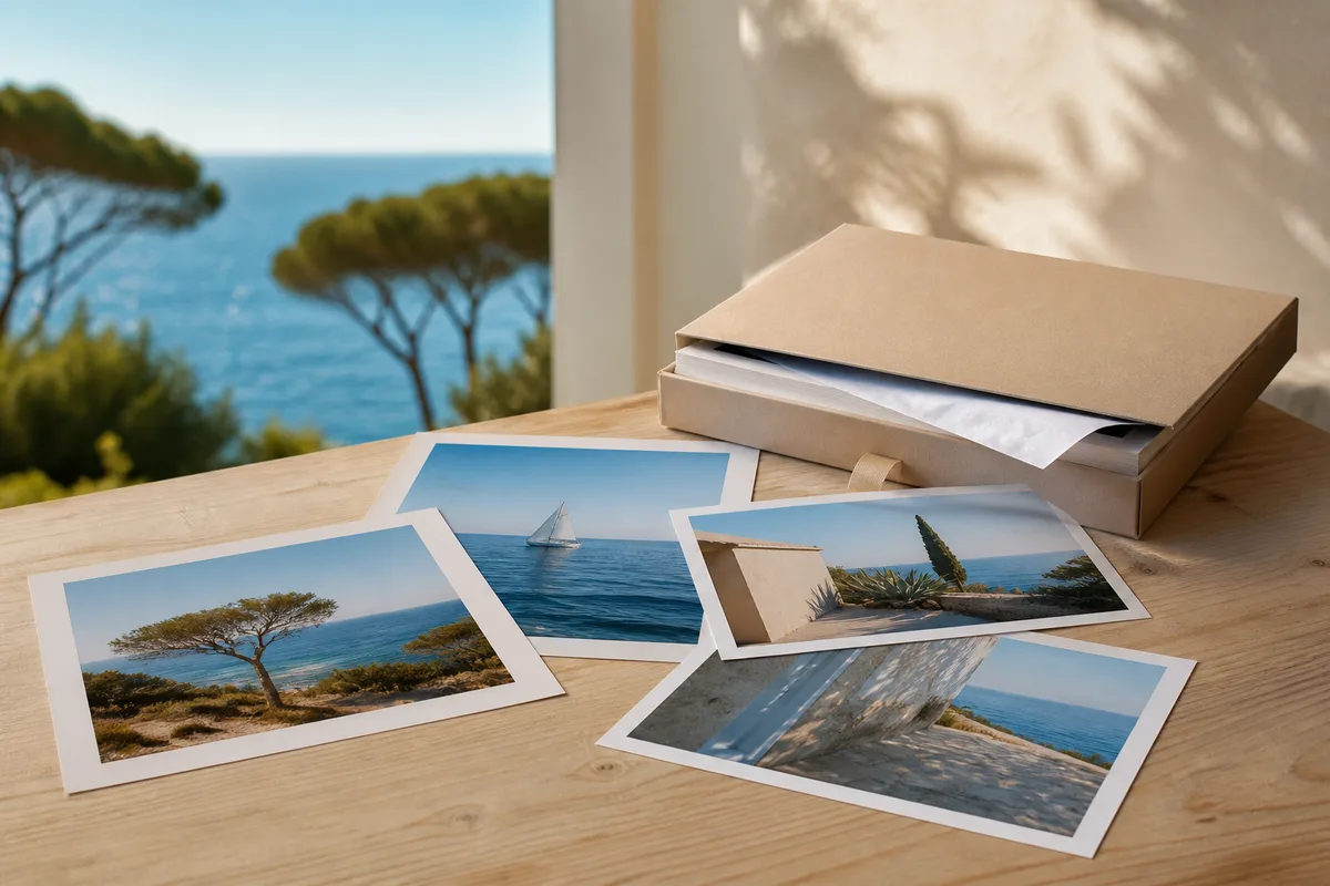 Sélection de tirages photo posés sur une table en bois clair avec un coffret de livraison