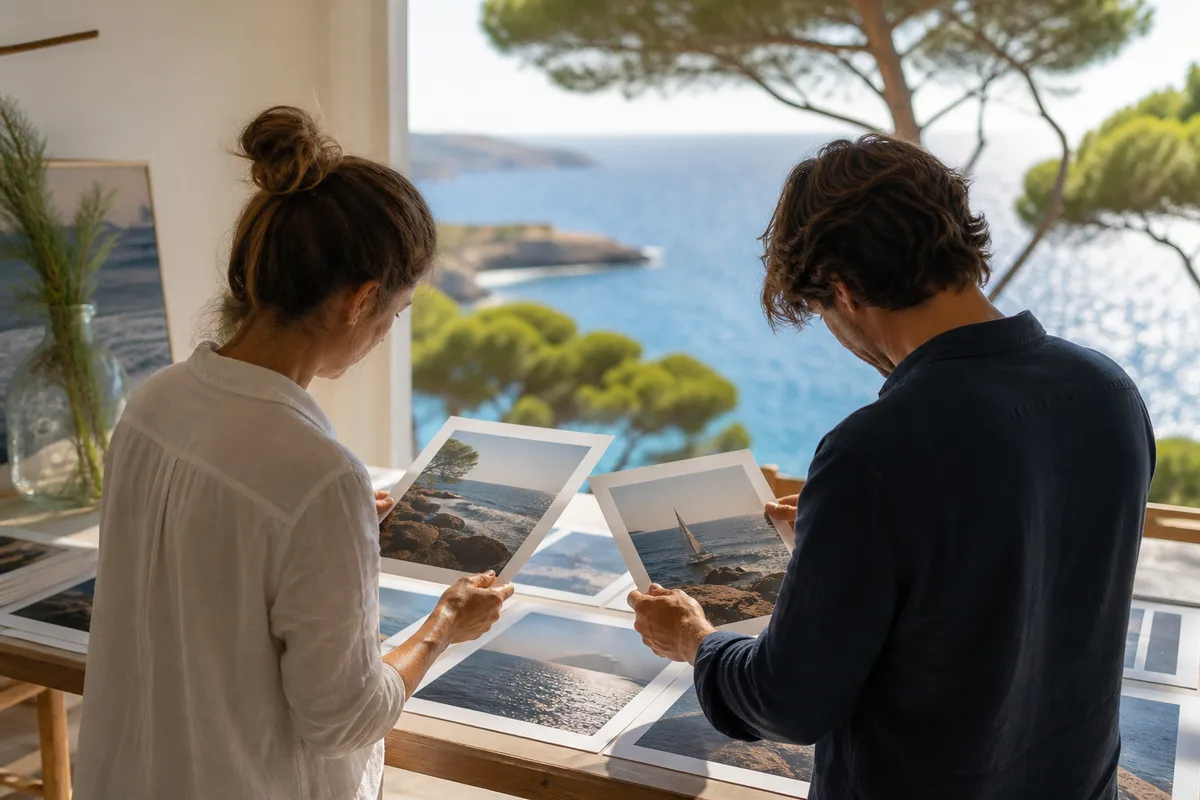 Deux personnes comparant des tirages photo pour préparer une commande