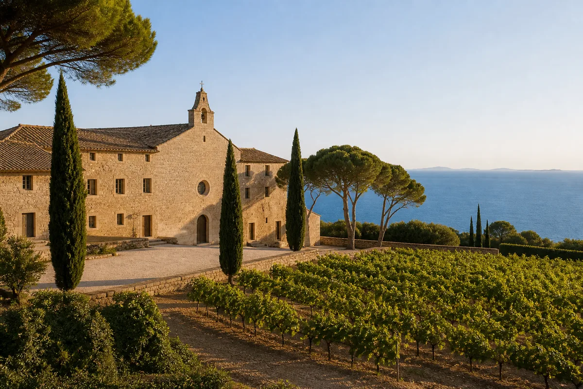 Façade en pierre d’un ancien domaine monastique provençal entourée de cyprès et de vignes