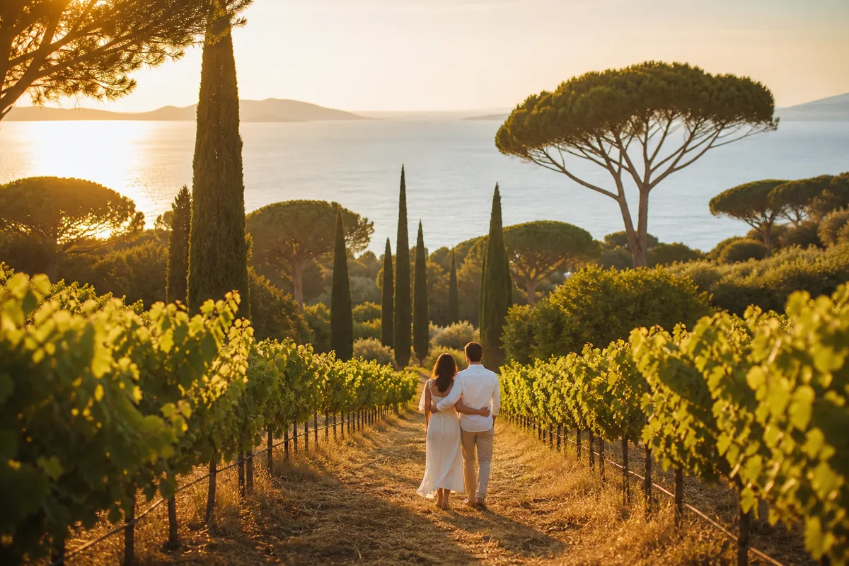 Couple photographié à l’heure dorée dans une allée de vignes provençale bordée de cyprès